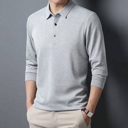 New Men's Business Fashion Casual Long Sleeved Shirt Solid Color Polo Shirt Fashionable Breathable Comfortable Versatile Top
