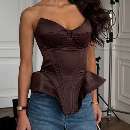 Women Solid Deep-v Satin Camisole Corset Top Elegant Double-strap Fitted Cropped Back-tie 2026 Chic Versatile Date Lady Tops