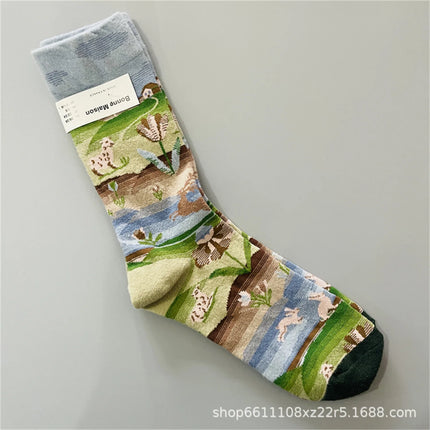 Bonne Maison French Small Batch Women's Fun Oil Painting Style Mid-Calf Cotton Dopaamine Colorful Socks Moisture Wicking Sweat
