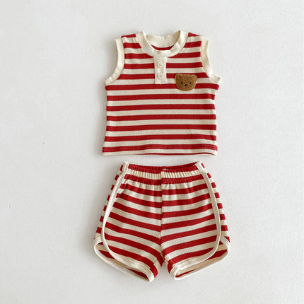 2024 New Summer Baby Stripe Clothes Set Girls Waffle Bear Sleeveless Top+Pants Toddler Infant Outwear 2PCS
