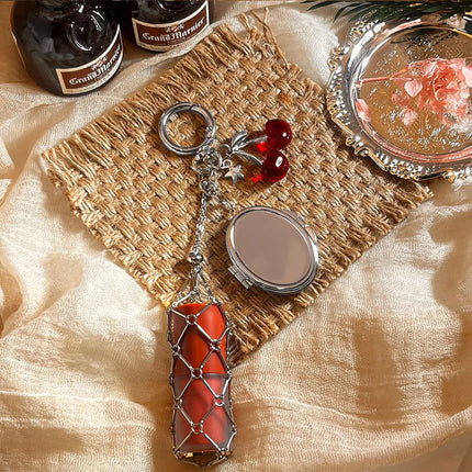 Hot Sale Original Design Bag Pendant Ins Popular Silver Love Mirror Metal Mesh Lipstick Storage Keychain Ring Cross Border