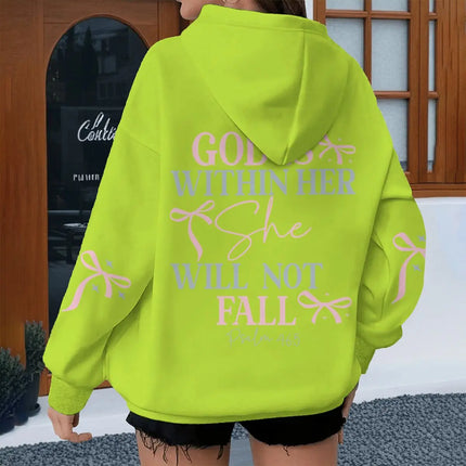 "God Is Within Her Will Not Fall" Print Hoodie Women Coquette Bow Pattern Christianity Hoody Fashion Jesus Female Hoodies