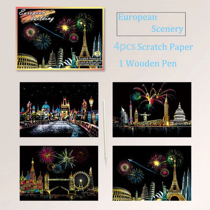 20*14cm Scratch Rainbow Magic Painting Paper Toy World City Attractions Series For Children DIY Drawing Adult Decompression Gift