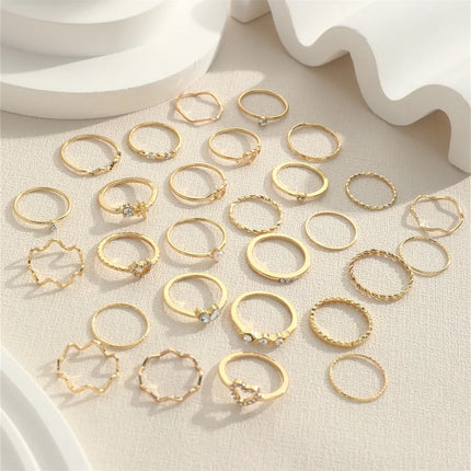 Fashion Simple Wave Joint Rings Set For Women Crystal Heart Shape Gold Silver Color Ring Female Party Jewelry