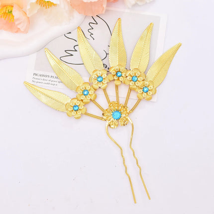 New Golden Alloy Leaf Crystal Flower Hairpin Hair Accessories for Women Thailand Ethnic Dance Party Decoration Headwear Jewelry