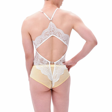 Men Bodysuit One Pieces Thongs Sexy Leotard Lace Crossdress Sissy Transparent Open Crotch Penis Pouch Lingerie Underwear