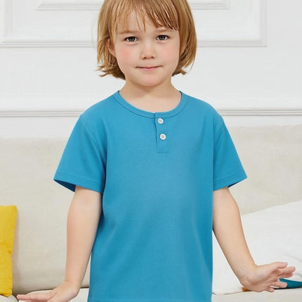 Summer children's solid color fashionable short sleeved button fashion Henry shirt boys and girls casual T-shirt versatile top