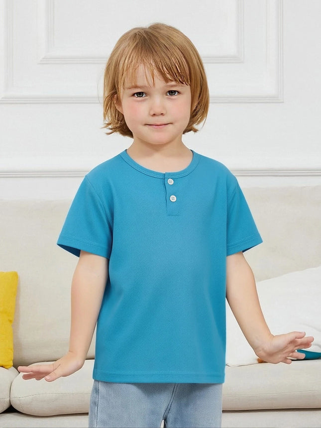Summer Children's Solid Color Fashionable Short-Sleeved Button-Up Fashion Henry Shirt Boys and Girls Casual T-Shirt Versatile Top
