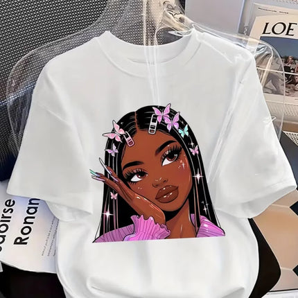 Girls' Summer Crew-Neck Short-Sleeved Top New Black Girls Cute Top Girls Clothes Cartoon Print T-Shirt Top Children's Clothing