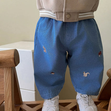 2026 Fall New Toddler Kids Pants Cotton Cartoon Embroidered Harem Pants Baby Boy Casual Striped Denim Baggy Trousers