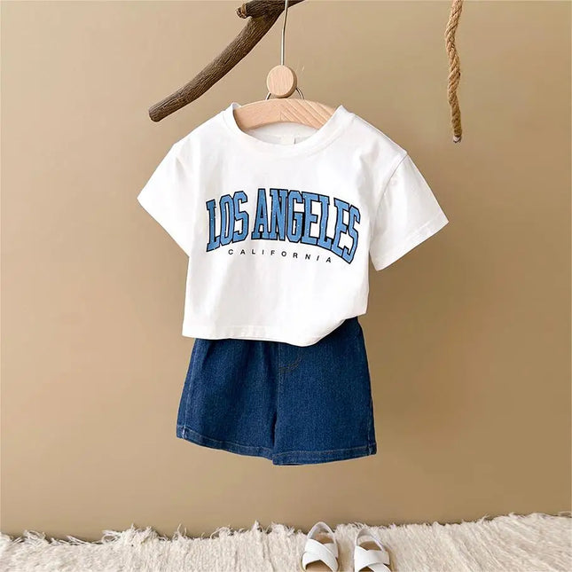Summer New Baby Clothes Infant Letter Printing Top+Denim Shorts Set Baby Boys Girls Casual Baby Set Newborn Baby Clothes 2Pcs