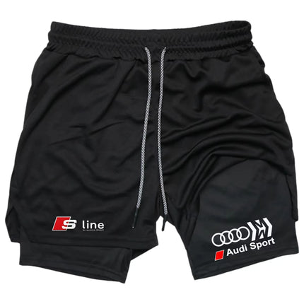 Audi Logo Men's Sports Shorts Double-Layer Quick-Drying Breathable Casual Sportswear for Running M-3XL