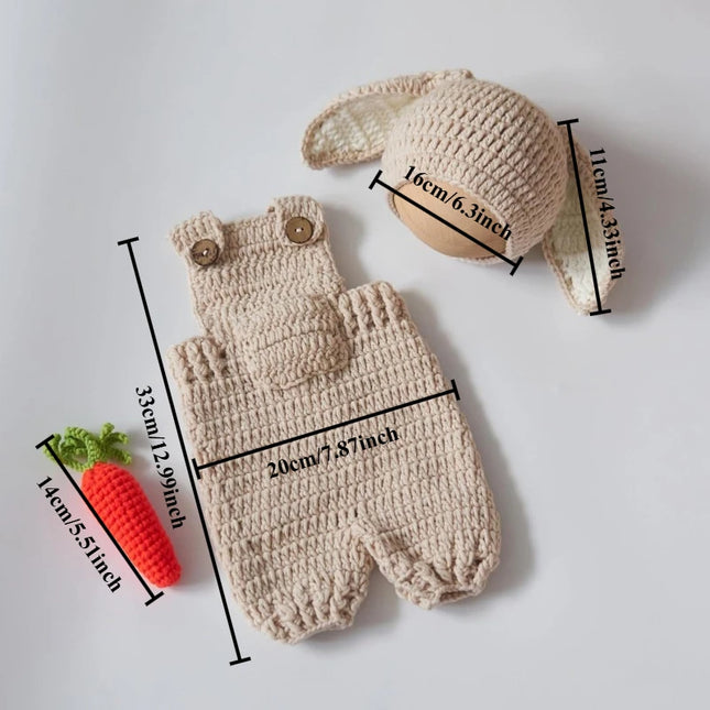 Cute Bunny Costume Newborn Photography Outfits Soft Knitted Rabbit Shape Hat and Jumpsuits with Carrot Clothes Baby Photo Props