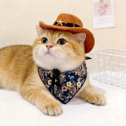 Pet Cowboy Hat with Bandana Western Style Star Decor for Cats Dogs Small Large Sizes Party Cosplay Costume