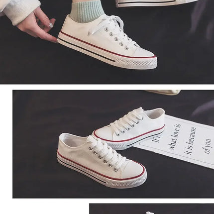Flat Bottom Canvas Shoes Women's Versatile Low Cut Rubber Sole Pure Color Adult Slip-On Fashion Trendy White Sneakers