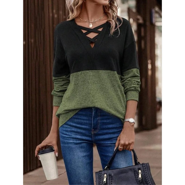Plus Size 1XL-5XL New Women’s Fashion Asymmetrical Neck Fashionable and Minimalist Colorblock Cross Front Drop Shoulder Top