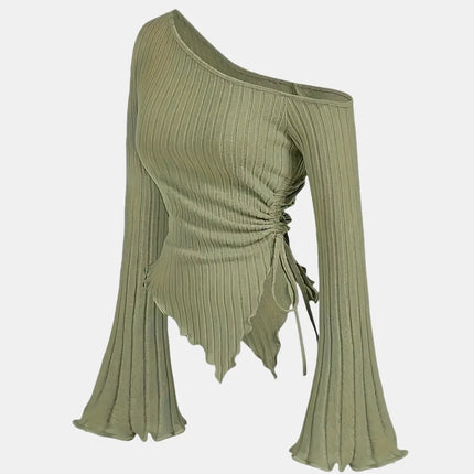 Women's Off-Shoulder Cross Long-Sleeved Slim Fit T-Shirt Asymmetrical Street Style Casual Elegant Top with Trumpet Sleeves