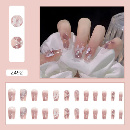White Camellia 24 Pcs Press on Nails Pink Nail polish Glossy Artificial Finger Manicure Reusable False Nails