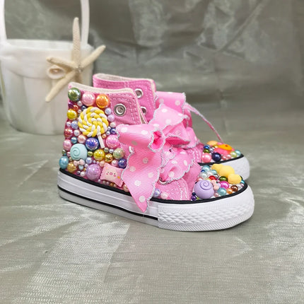 Random Lollipop Rainbow Candy Canvas Simulation DIY Kids Pearls Sneakers For Girl Birthday Party Dollbling Handmade Bling Shoes