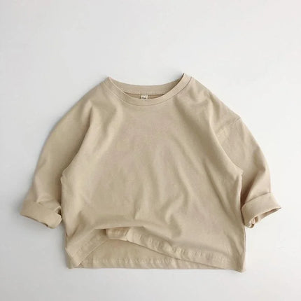 1-7Y Kids Cotton Shirt Solid Caramel Coffee Color Children's 2025 Autumn New Boys Girls Cotton Stylish Long Sleeved T-shirt