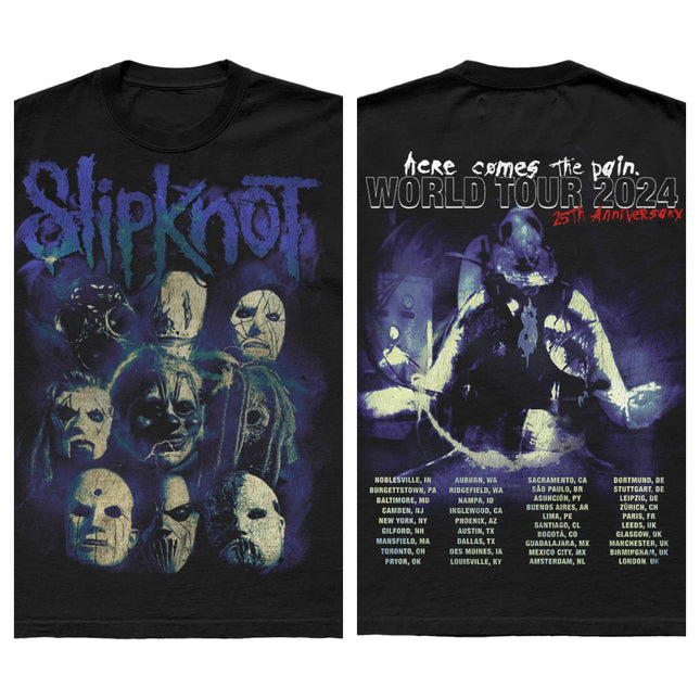 Slipknot World Tour Themed T-Shirt (Iconic Red-Robed Band Art + "Here Comes the Pain" Slogan + Tour Venue Layout + Nu-Metal Fan