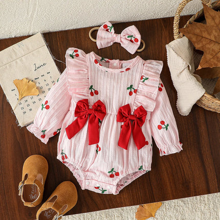 2Pcs Spring&AutumToddler Baby Girls Fly Sleeve Rompers Infant Cherry Embroidery Bodysuits Cotton Jumpsuits 0-18 M +Headband