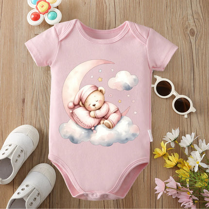 Pure Cotton Cloud Moon Little Bear Print Bodysuit Comfortable Onesie Cloths for Baby Jumpsuit for 0 To 12 Months Newborn