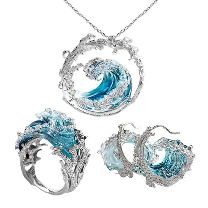 1/3PCS Ocean's Oath Wave Decorative Ring Necklace Earrings Jewelry Set For Women Gift Fashion Sky Blue Decoration Jewelry Gift