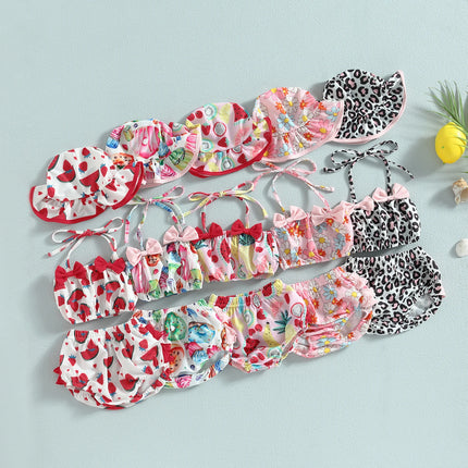 Citgeett Summer Infant Baby Girl Swimsuits Fruit Print Bandage Halterneck Sleeveless Tops Beach Shorts and Hat Swimwear