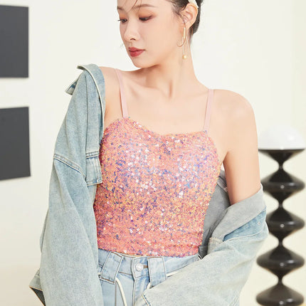 Small Sequin Ball One-Piece Fixed Vest Wrap Chest Base Layer Brtte for Girls Summer Outing ort High Elastic Polye...