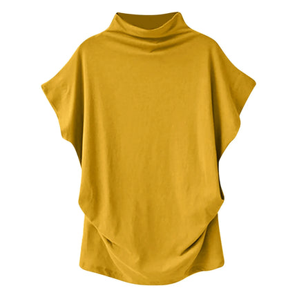 Women's New Trendy Fashion Solid Color Soft Turtleneck Top High-End Basic Daily Commute Thin Short-Sleeve Pleated Clothing