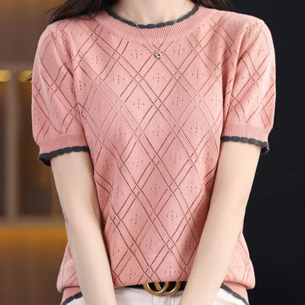 Summer New 100% Cotton Women's T-shirt Casual Solid Color Hollow Out Knit Pullover Short Sleeved Casual Fashion Round Neck Tees