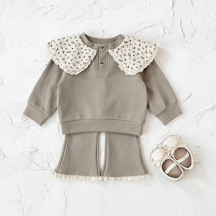 1-3 Years Toddler Girl 2Pcs Set Soft Ribbed Fabric Khaki Sweatshirt + Pant Daily Wear Casual Comfortable Outfit for Baby Girls