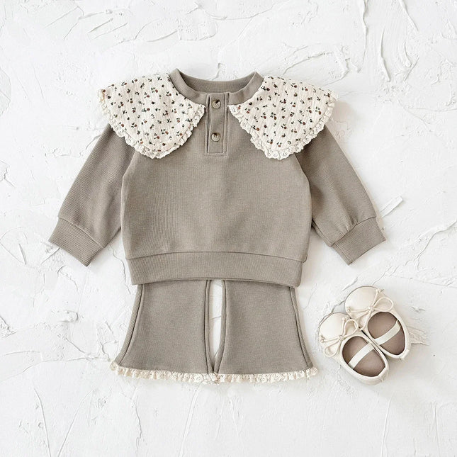 1-3 Years Toddler Girl 2Pcs Set Soft Ribbed Fabric Khaki Sweatshirt + Pant Daily Wear Casual Comfortable Outfit for Baby Girls