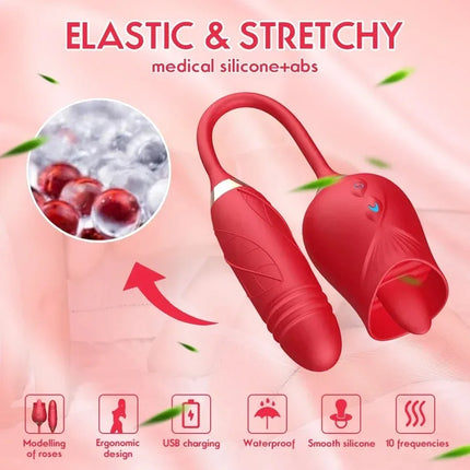 Rose Tongue Vibrator for Women Powerful Licking Clitoris Stimulation Telescopic Dildo Thrusting Licking Vagin Massager Sex Toys