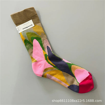 Bonne Maison French Small Batch Women's Fun Oil Painting Style Mid-Calf Cotton Dopaamine Colorful Socks Moisture Wicking Sweat