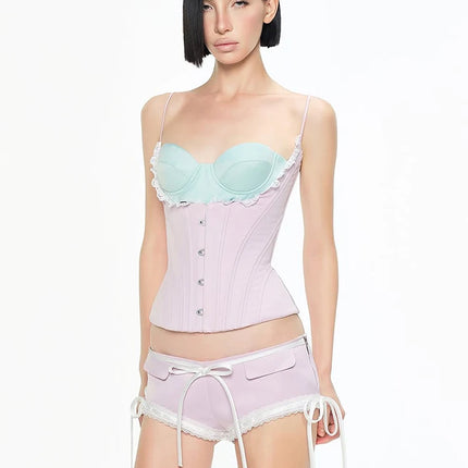 Weird Puss Sweet Camisole Women Low-Neck Lace Patchwork Irregular Single Breasted Y2K Wild Summer Valentine's Day Clubwear Tops
