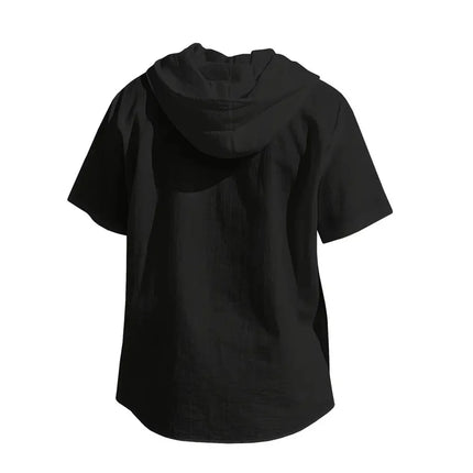 Men's Cotton Linen Shirt, Hooded, Short Sleeve, Solid Color, Breathable, Lightweight, Drawstring Design, Casual Basic Tees