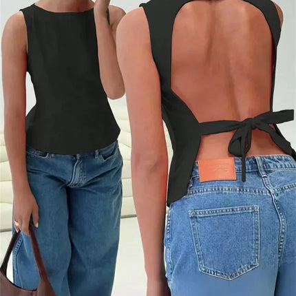Women's Sexy Solid Color Backless Tank Top for Summer Club Sleeveless Knot Backless Tee Top Streetwear Y2K Clothes 2025