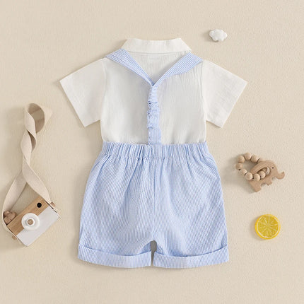 Pudcoco Baby Boy Gentleman Outfit Solid Color Short Sleeve Lapel Neck Romper with Stripe Suspender Shorts and Bowtie 0-18M