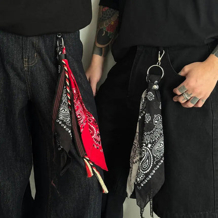 Salircon 2Styles New HipHop Ribbon Waist Pants Chain Trousers KeyChain Men Trend Handkerchief Charm Bag Pendant Keyring Jewelry