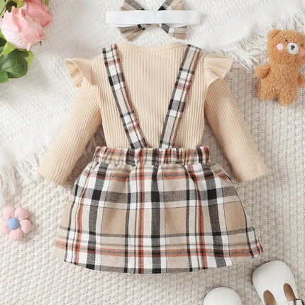 Baby Girl and Child Spring and Autumn Apricot Round Neck Lotus Leaf Edge Little Bear Long Sleeve jumpsuit and Bow Grid Strap Ski