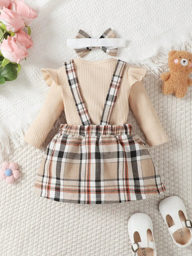 Baby Girl and Child Spring and Autumn Apricot Round Neck Ruffled Little Bear Long Sleeve Jumpsuit and Bow Plaid Strap Skirt
