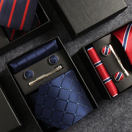 Classic 100% Silk Men's Ties In Gift box 8cm Plaid Dot Striped Business Necktie Handkerchief Cufflinks Wedding Party Tie Set