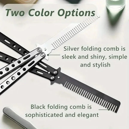 Foldable Comb Stainless Steel Practice Training Butterfly Knife Comb Beard Moustache Brushe Salon Hairdressing Hair Styling Tool
