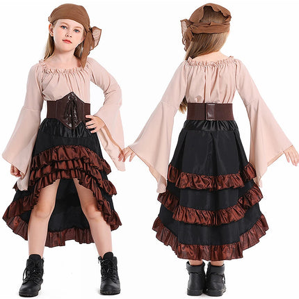 Kid Pirate Retro Cosplay Irregular Ruffled Skirt Girl High Waist Dress Children Halloween Carnival Party Performance Costume Set