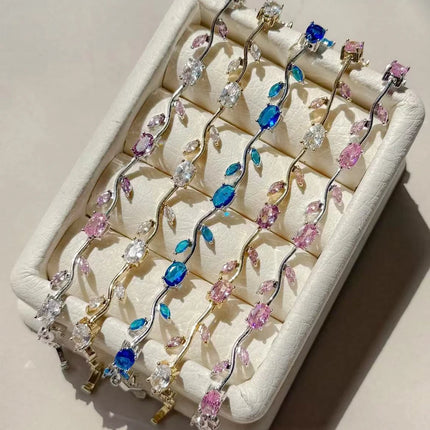 Colorful Trendy Charm Marquise Cut Cubic Zirconia Bracelets For Women CZ Leaf Bridal Wedding Party Jewelry Gift