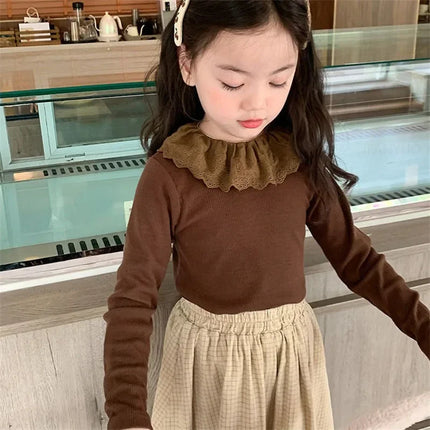 1-12 Years Long-Sleeved Shirts Children's Spring Knitted Tops Baby's Lace 2025 Lace Base Shirt Korean Girls Ruffle Collar T-shirt