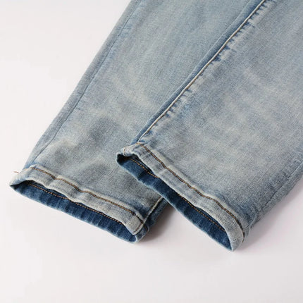Men Classic Light Blue Stretch Denim Jeans Streetwear Vintage Ripped Cotton Pants Skinny Tapered Trousers