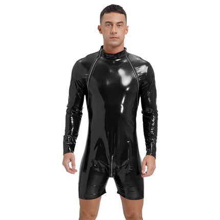 Male Mens Latex Catsuit Wet Look Patent Leather Bodysuit Long Sleeve Romper Zipper Crotch Jumpsuit Underwear Club Stage Costume